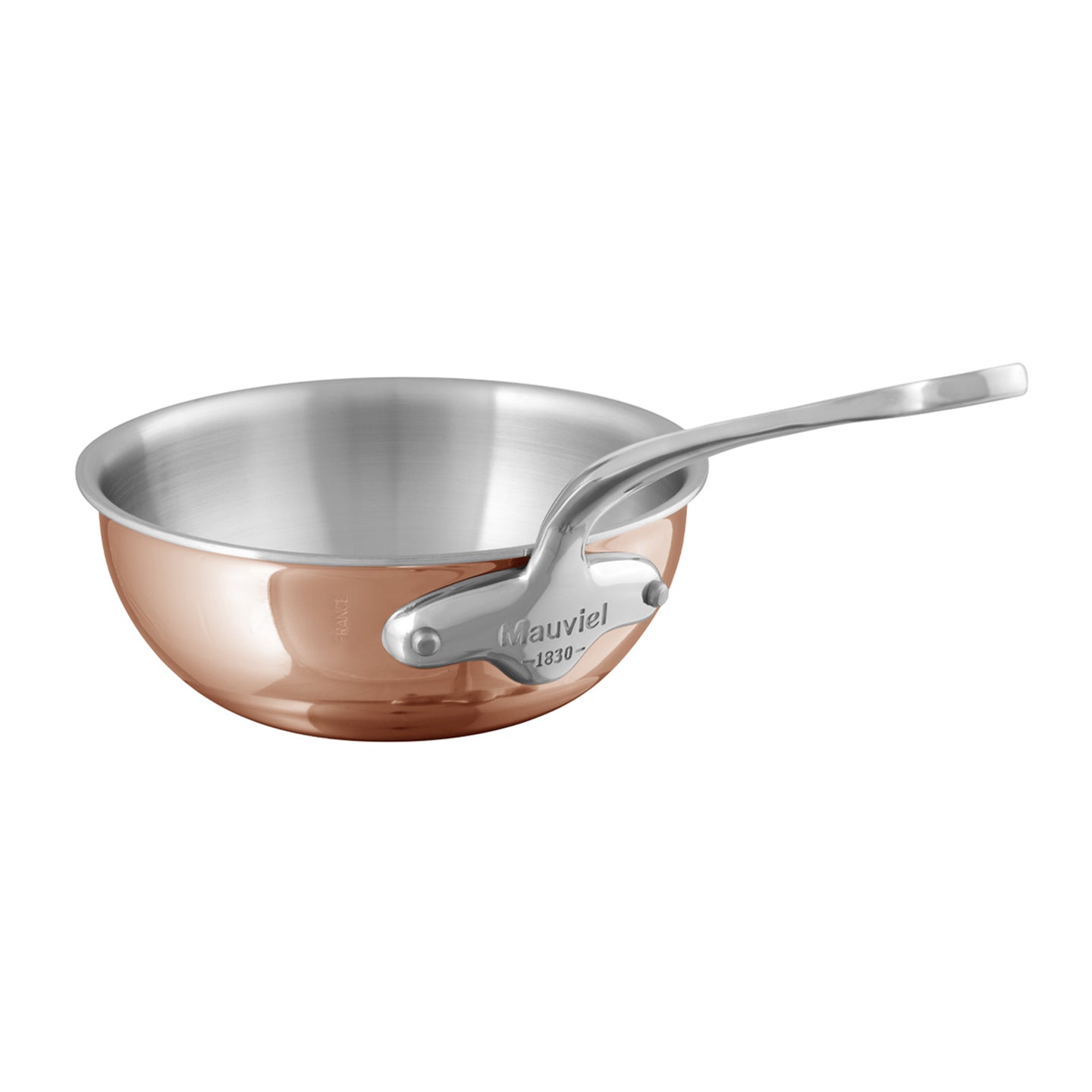 Copper curved sauté pan for induction cooktop with exceptional heat conductivity.