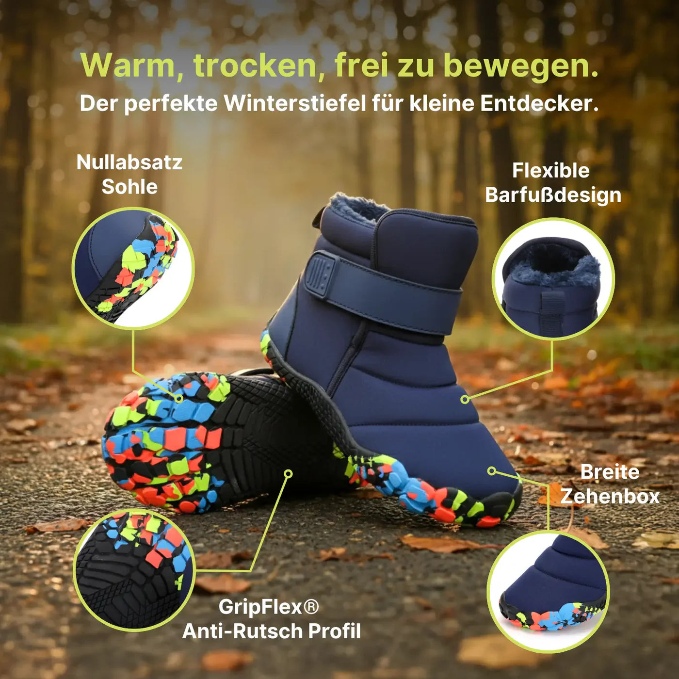 Polar Kids - Kinder Winter-gefütterte Knöchelhohe Barfußschuhe mit rutschfester Sohle & Fleece-Fütterung (2 - 10 Jahre)