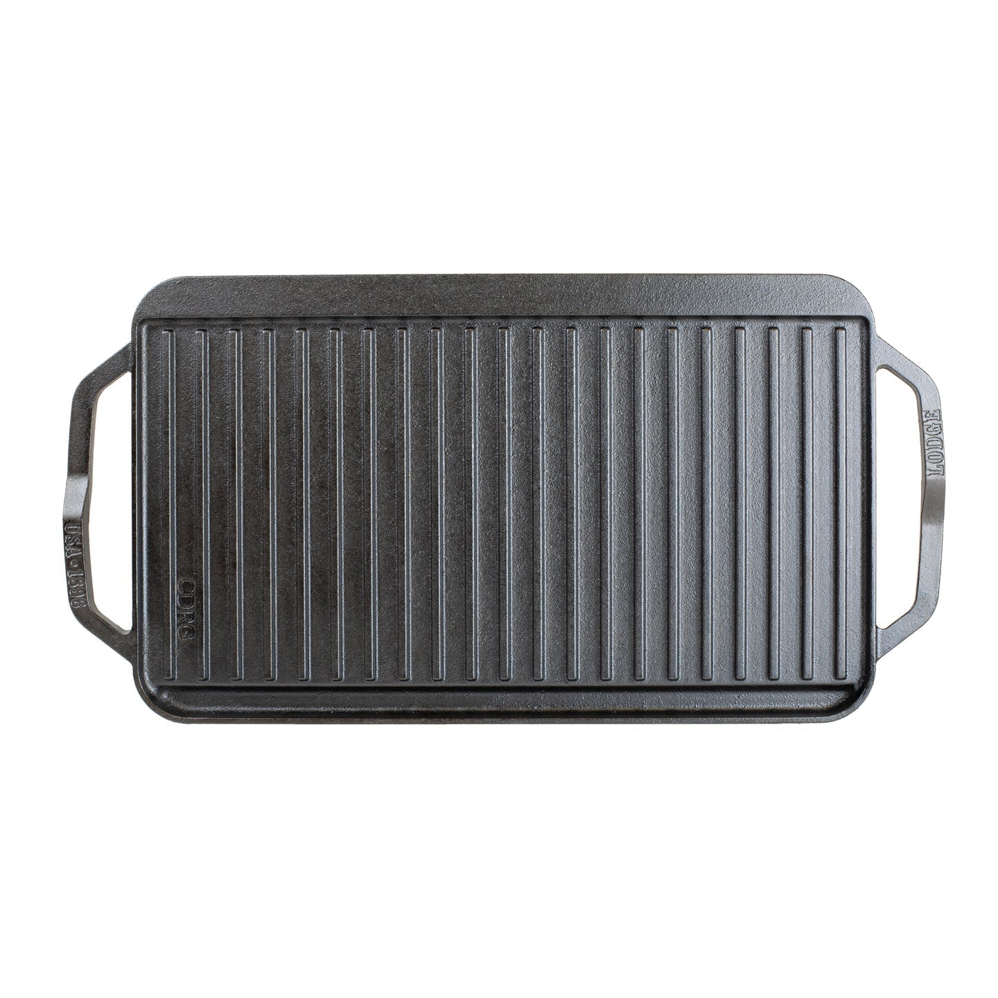 Back view of Lodge Chef Collection reversible non-stick griddle, 50x25cm