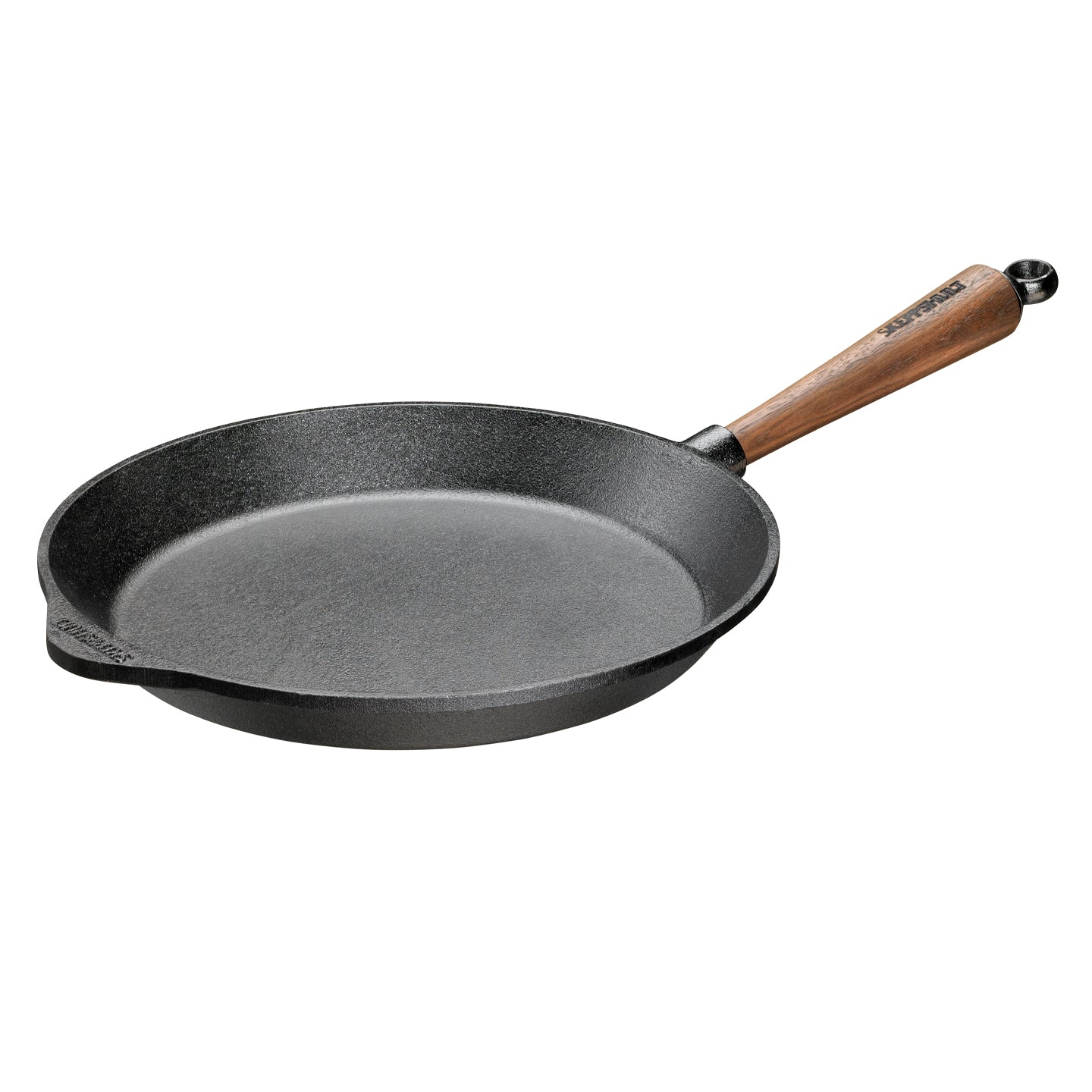 Cast iron frying pan with walnut handle offers superior heat retention and cooking results, ideal for professional chefs and 