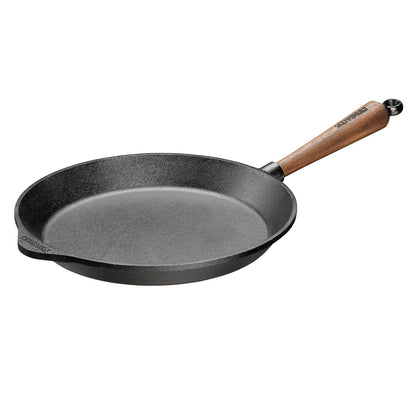 Cast iron frying pan with walnut handle offers superior heat retention and cooking results, ideal for professional chefs and 