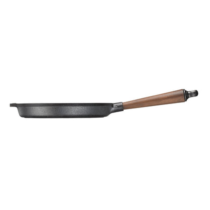 Walnut handle cast iron grill pan by Skeppshult, ideal for grilling, searing and cooking